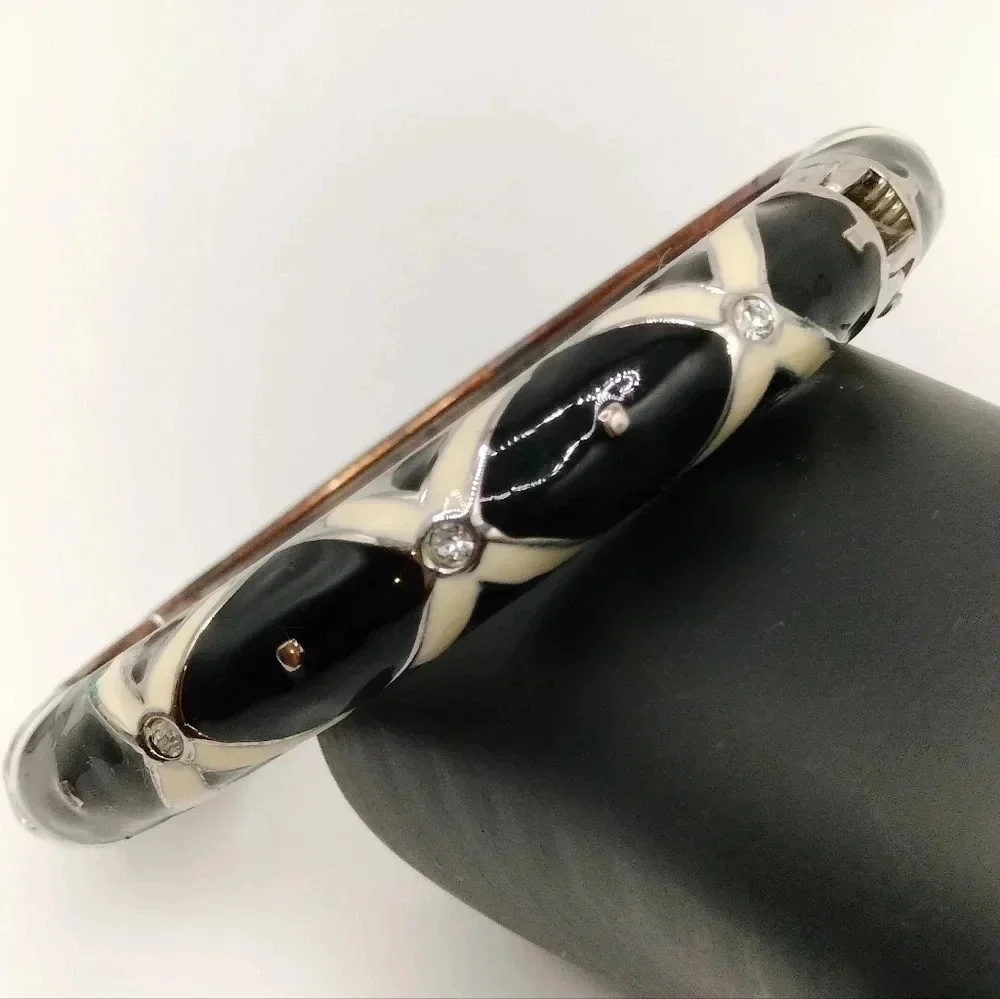Black Cream Enamel Rhinestones Accents Hinge Closure Bangle Silver Tone Bracelet
